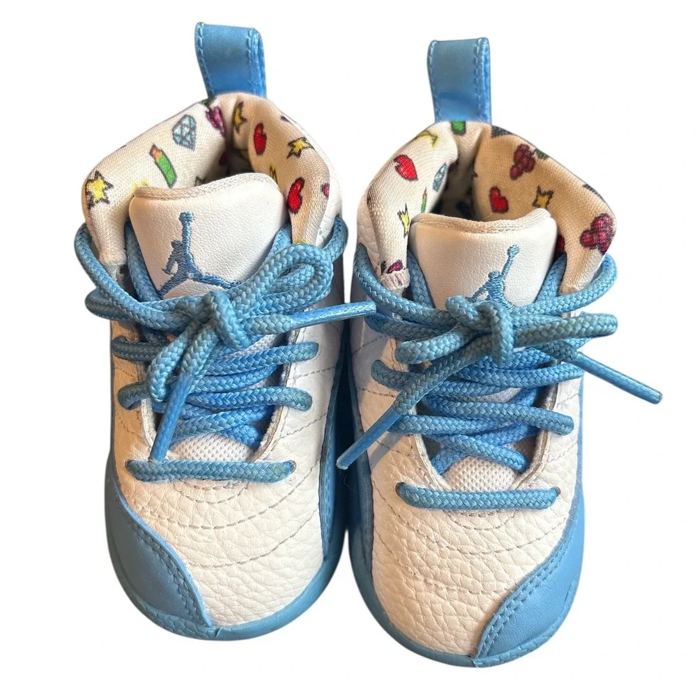 Jordan 12 Retro Emoji Sneakers, Infant Crib Shoes Size 4C, White/University Blue